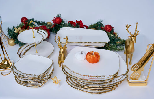 Luxury Porcelain Gold Dinnerware Sets for special event , thanksgiving, Christmas ,Family or Dinner Party - 14 Pcs and 17 pcs Cookware